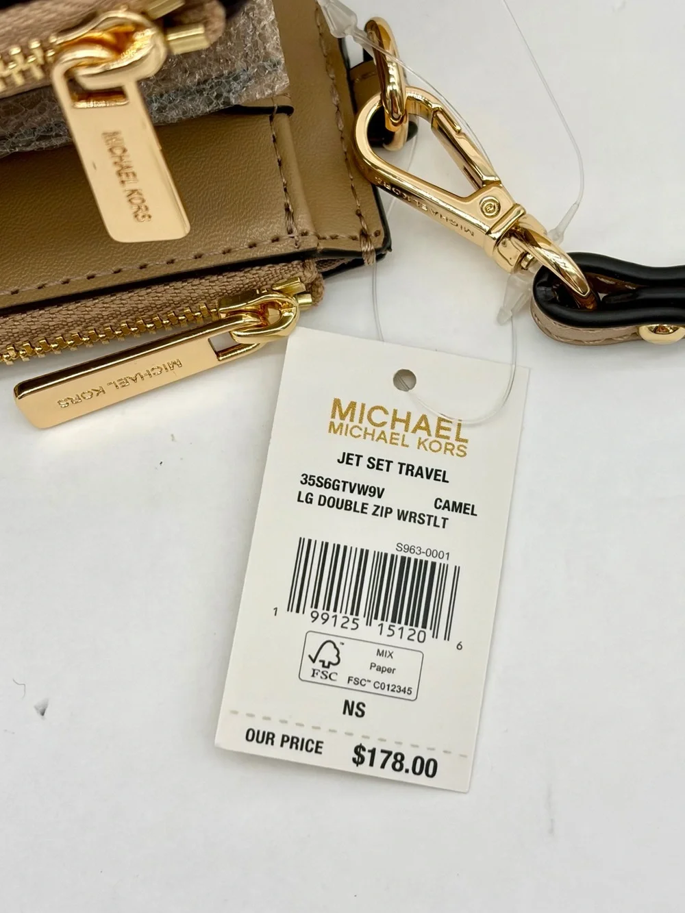 MICHAEL KORS Jet Set Travel Large Printed Signature Logo Wristlet Wallet Camel